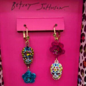Betsey Johnson Floral Sugar Skull Leverback Earrings NWT!  NEW!  Halloween